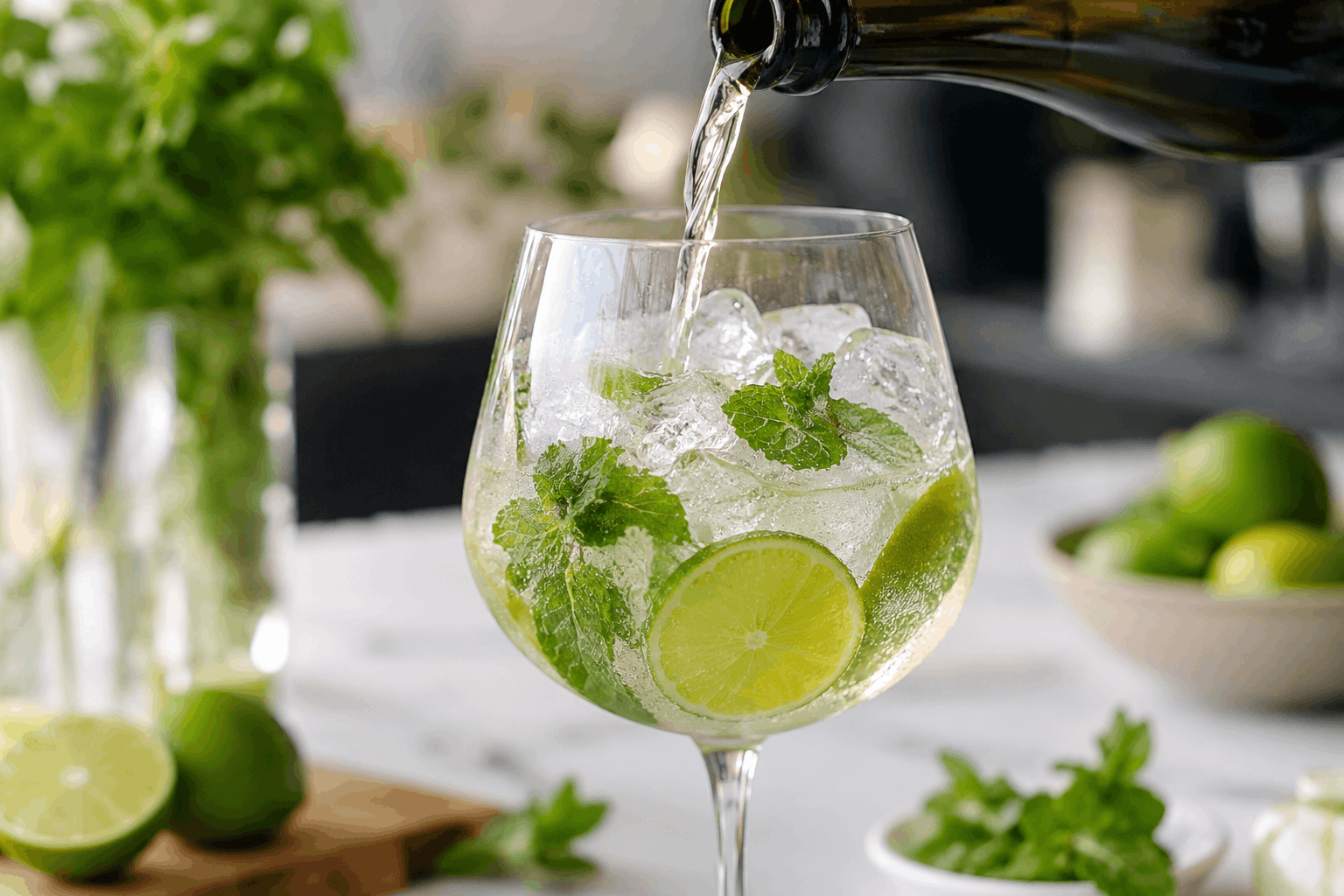 Prosecco being poured into an ice-filled glass while making a Hugo Spritz