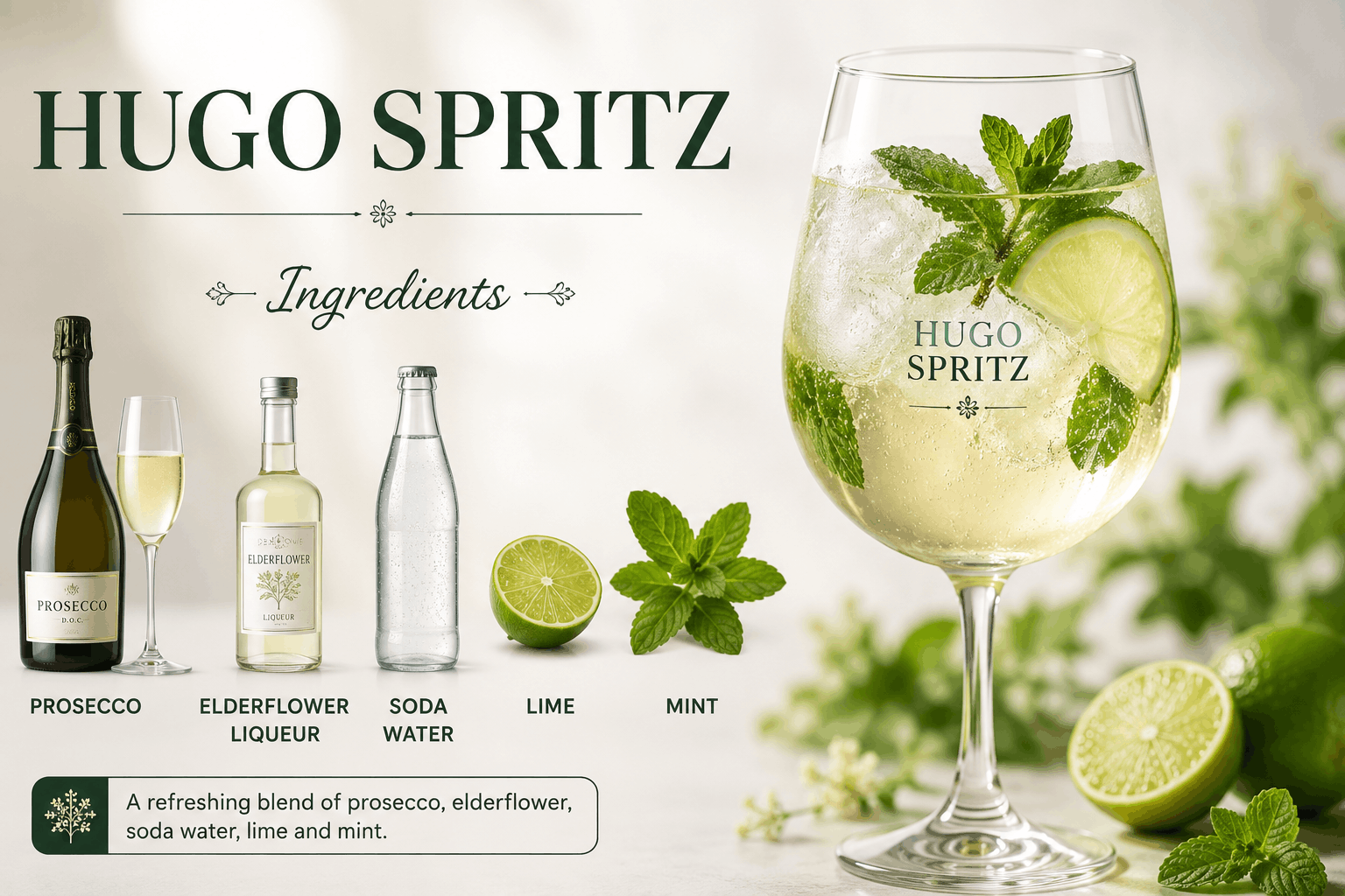 Prosecco, elderflower liqueur, soda water, lime and mint for a Hugo Spritz