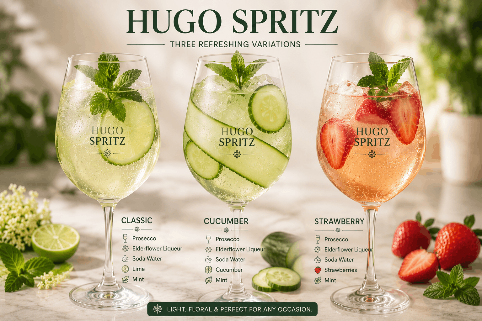 Classic, cucumber and strawberry Hugo Spritz variations