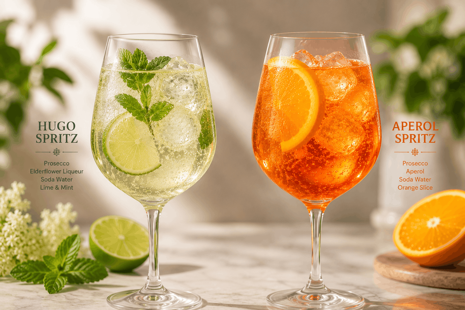 Pale Hugo Spritz beside an orange Aperol Spritz